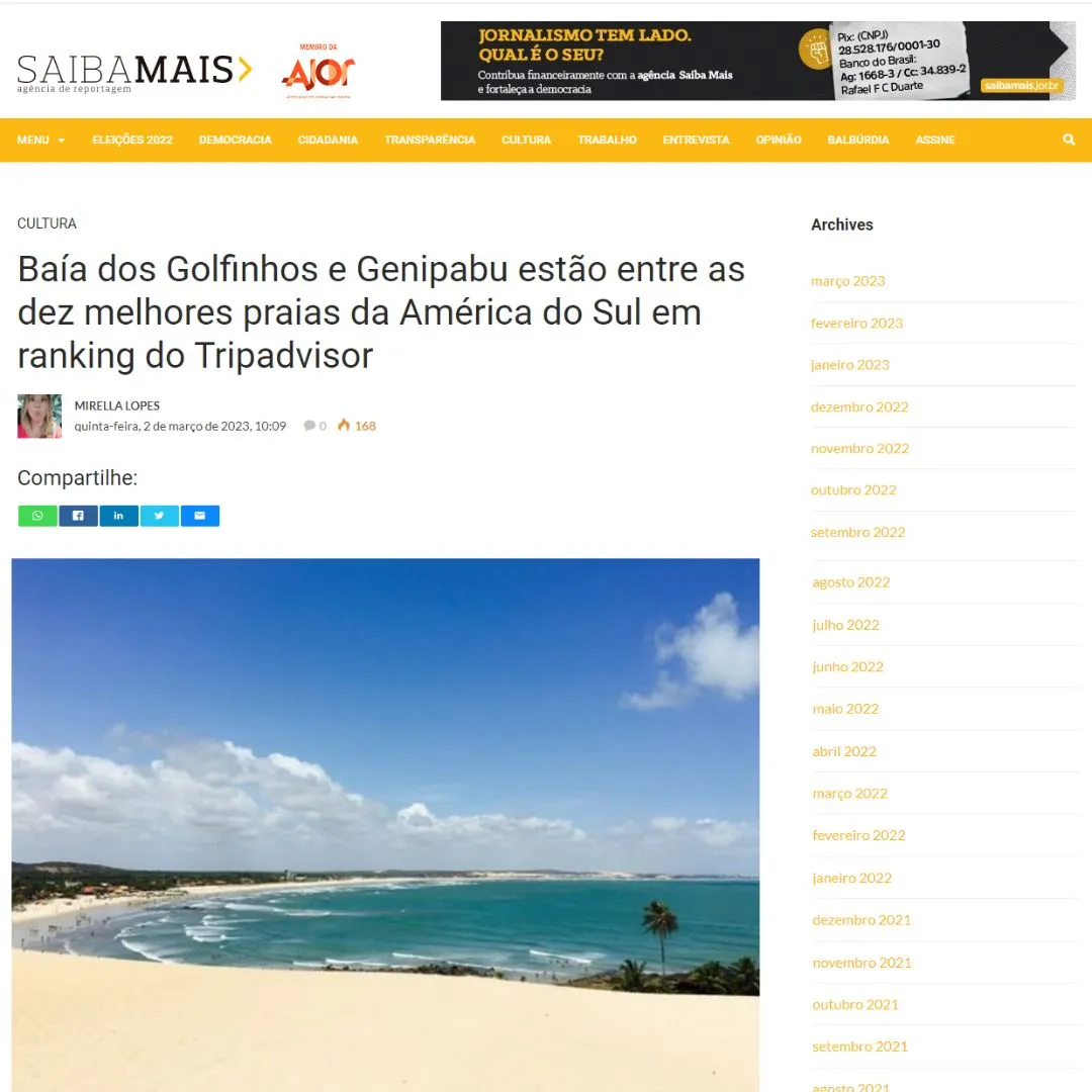 Baía dos Golfinhos e Genipabu estão entre as dez melhores praias da América do Sul em ranking do Tripadvisor